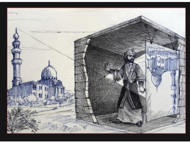 This illustration depicts the famous 11th-century Arab scientist Ibn al-Haytham (known in the West as Alhazen) demonstrating the principles of the camera obscura.