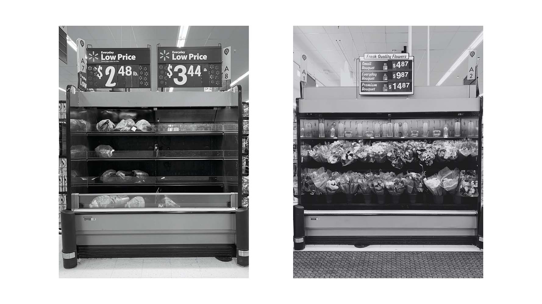 diptych of empty and full store shelves