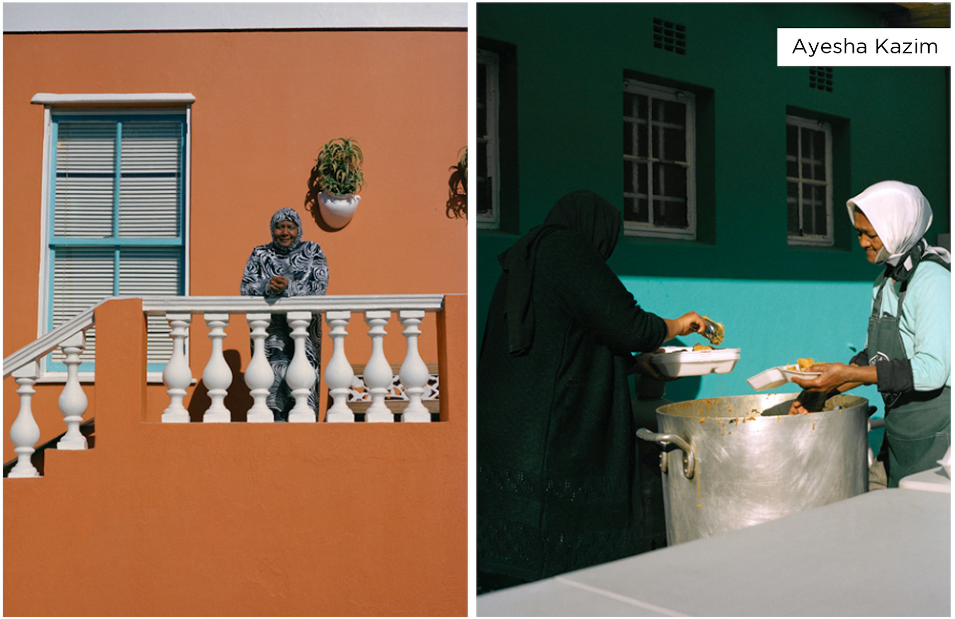 two photos. 1st - A person stands on a balcony in front of a colorful building / 2nd - Two people converse around a meal
