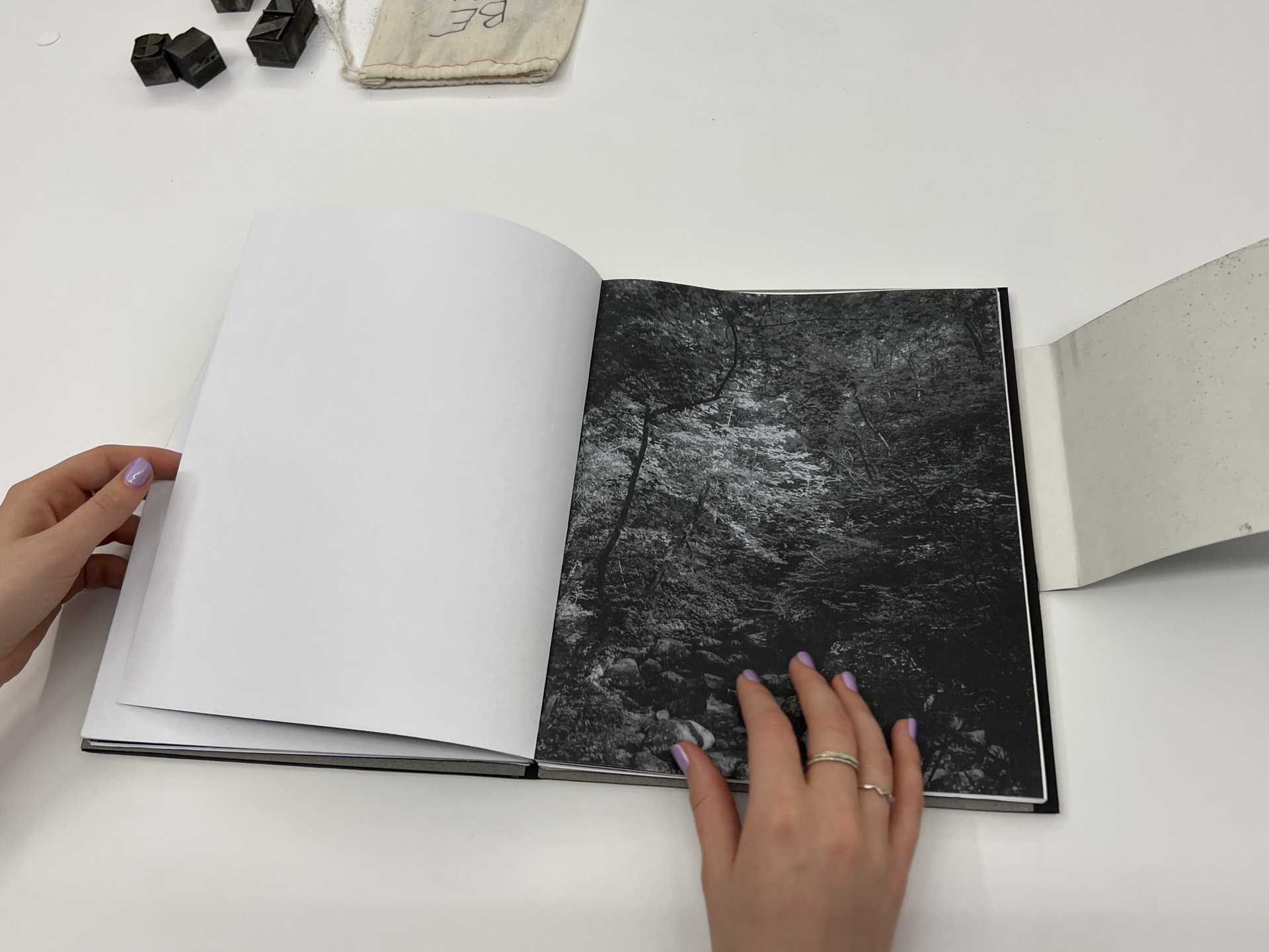 book opened to black and white landscape