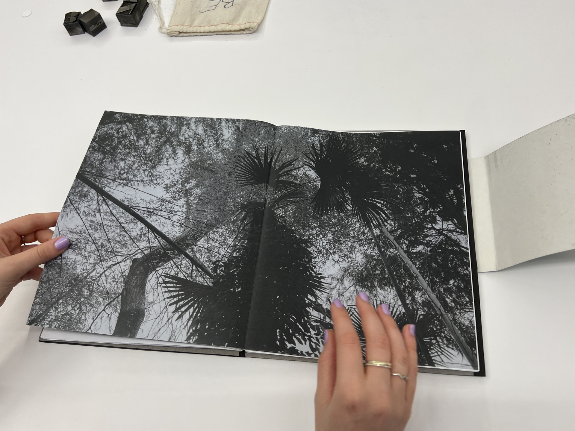 book opened to black and white landscape