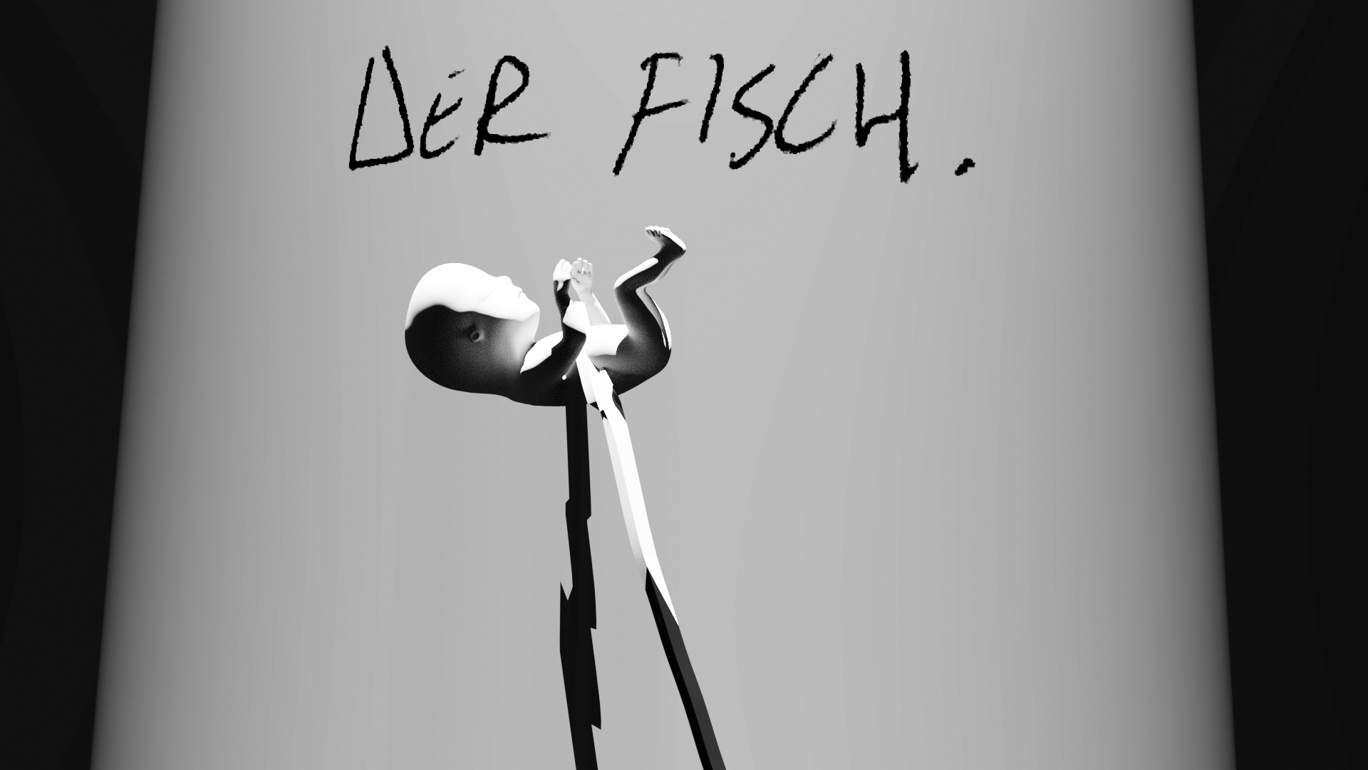 3d render of baby on stilts with words "der fisch"