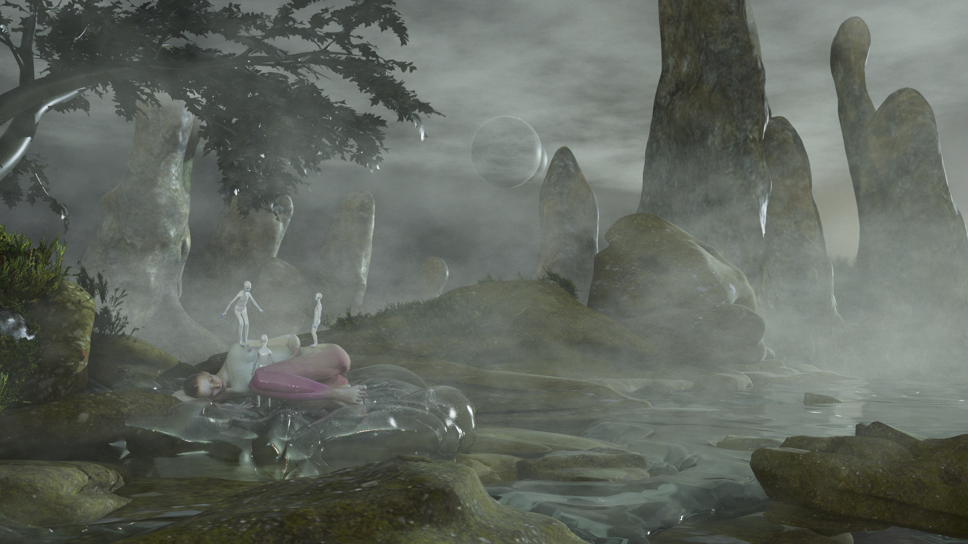 3d render of an outdoor scene, with greenery, fog, a figure lying down, several miniature figures, and a moon or planet in the background