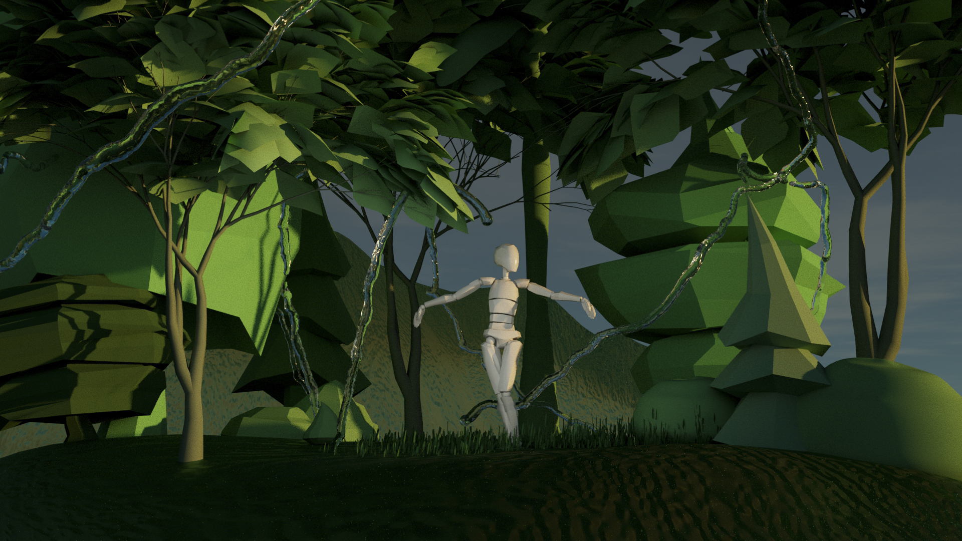 3d rendering of a figure outdoors among trees