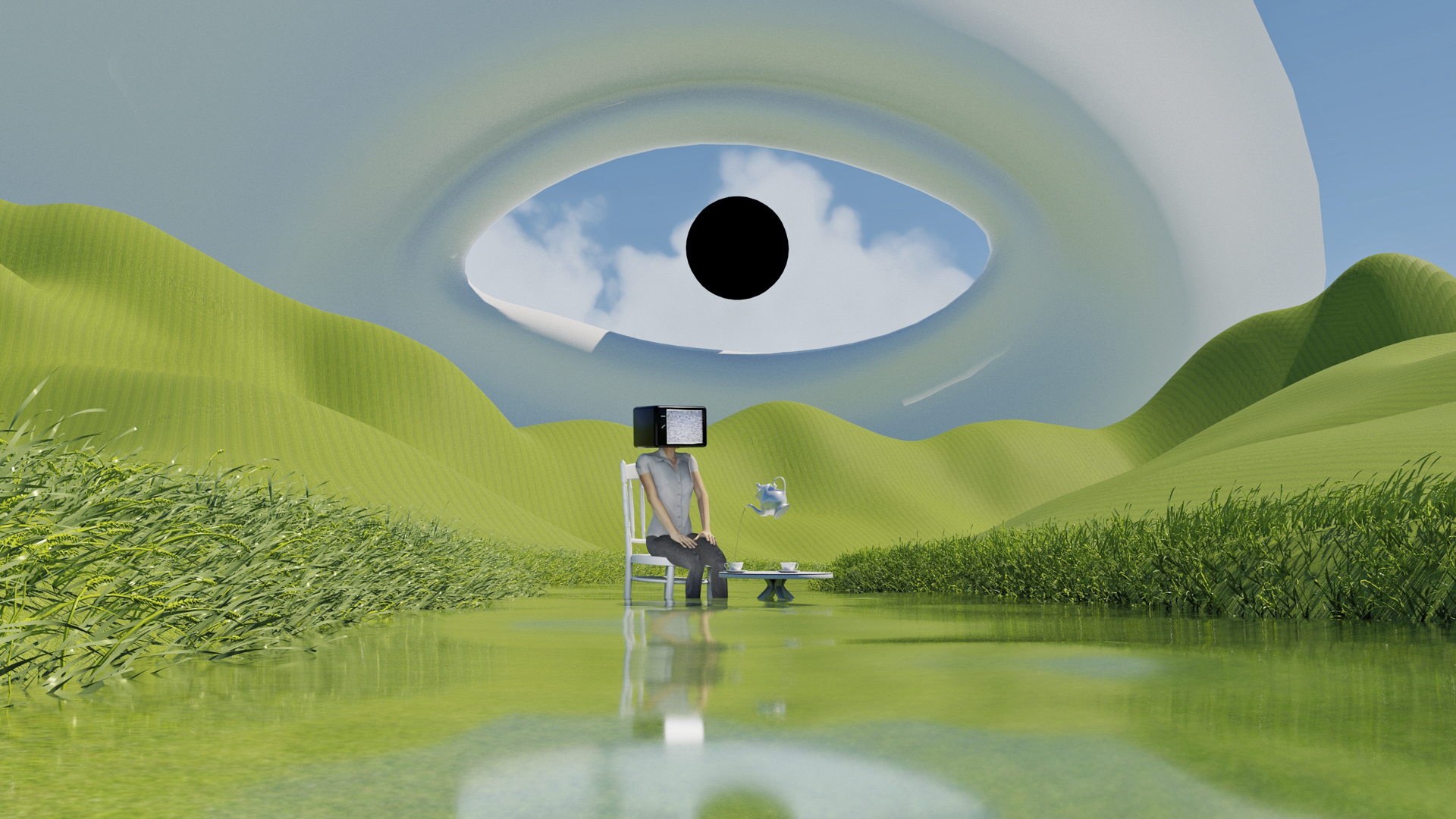 3d render of an eye in the skyline, greenery, and a person with an LCD-screen for a head