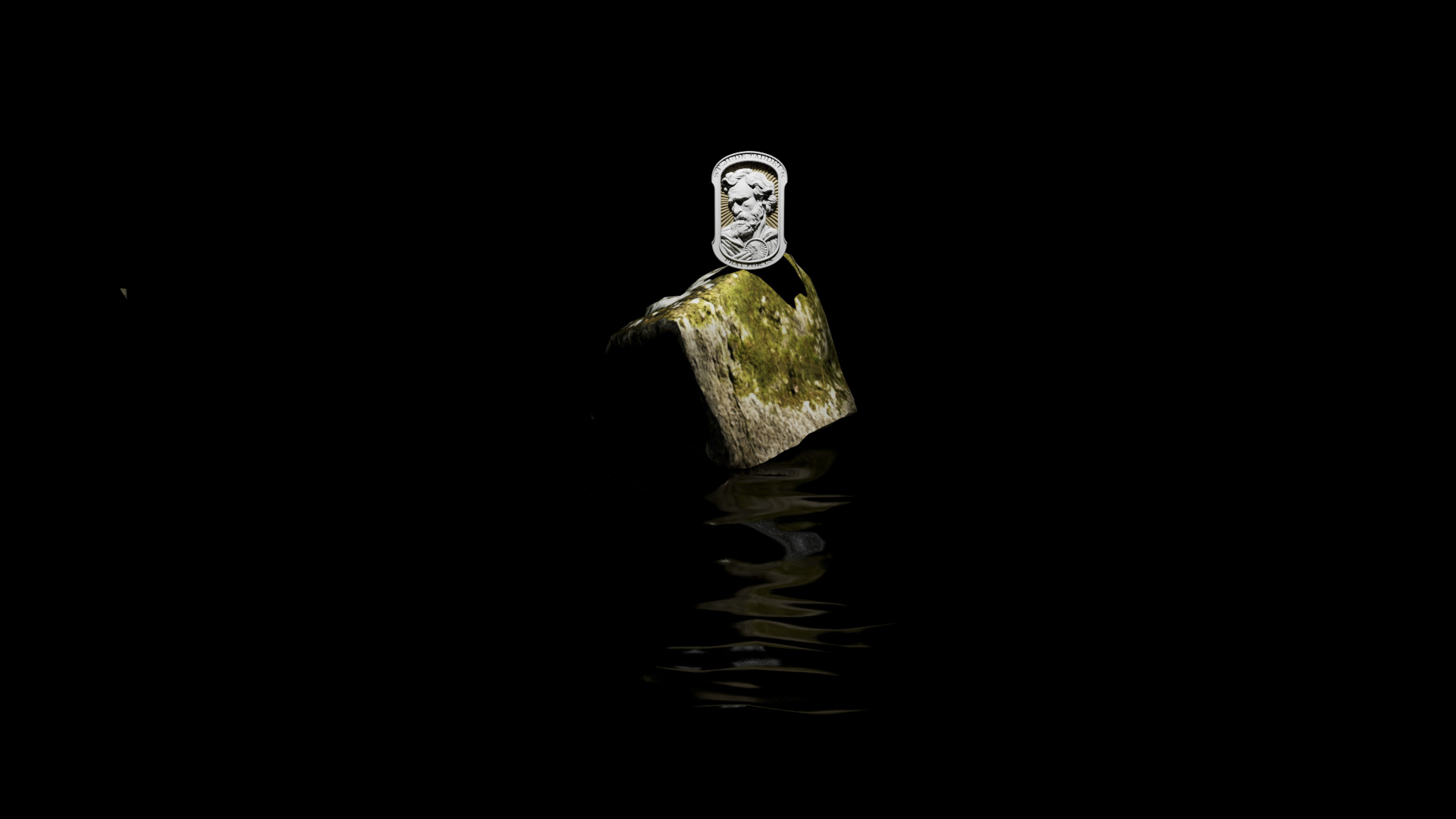 3d render sculpted cameo atop green imagery in water background