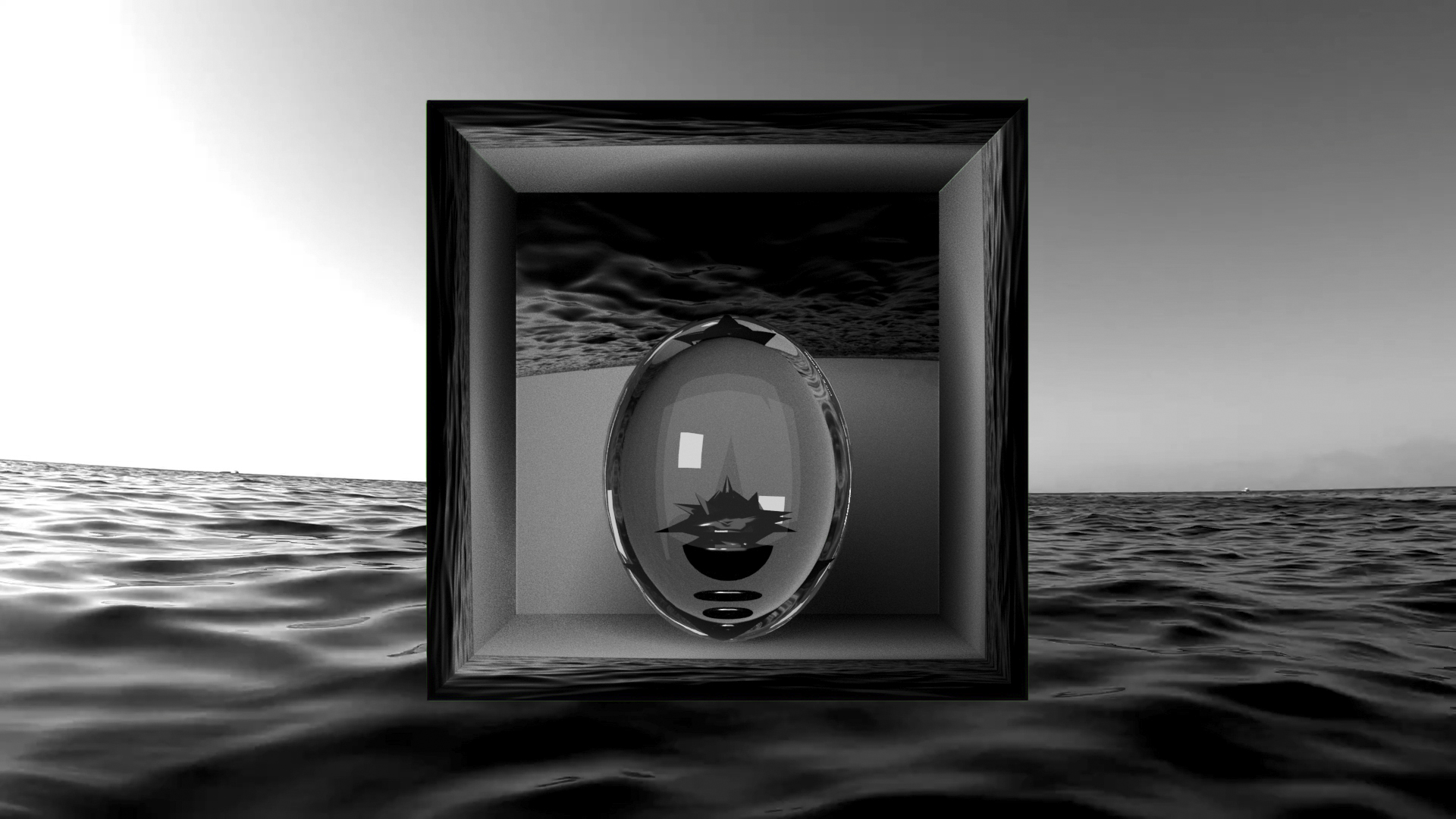 black and white photo of a framed abstract work of art set on water 