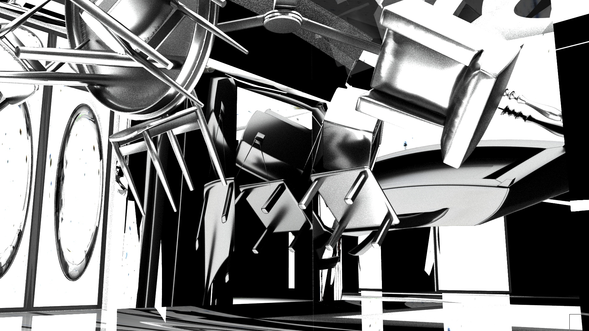 3d render black and white chairs abstract scene