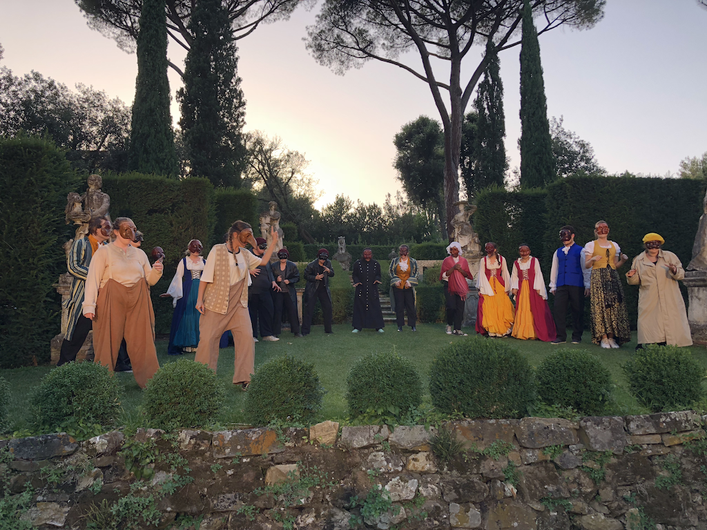 Summer 2018 Commedia dell'Arte students during a dress rehearsal at the Villa la Pietra in Florence