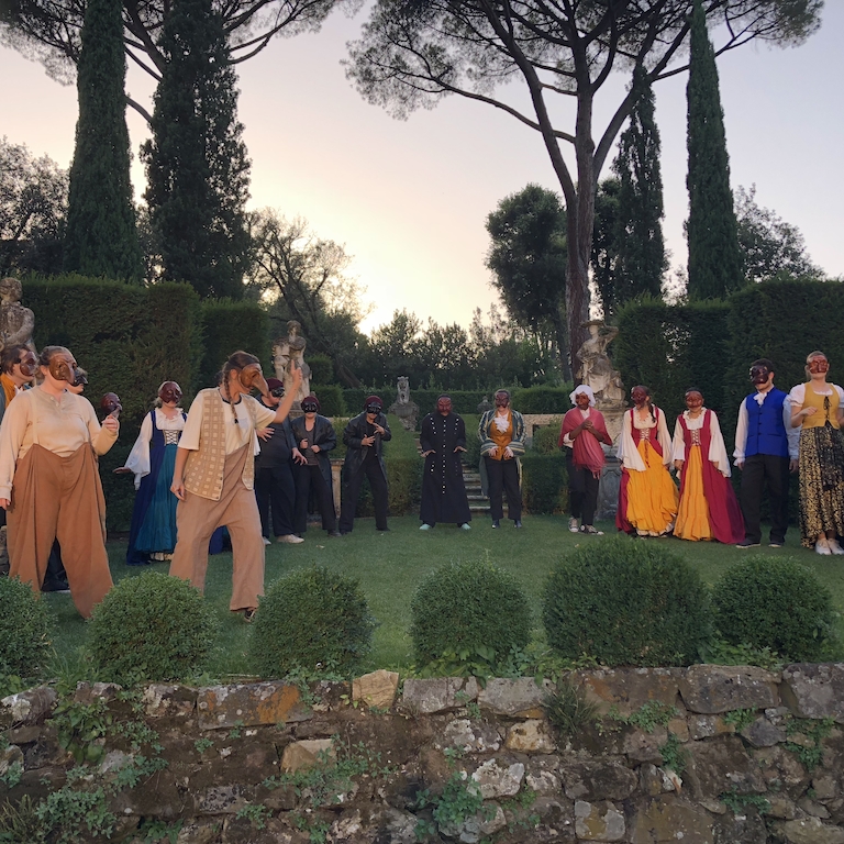 Summer 2018 Commedia dell'Arte students during a dress rehearsal at the Villa la Pietra in Florence