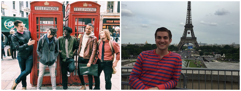 Left-hand image: Greg Contaldi standing with a group of students in front of red telephone boxes; Right-hand image: Greg Contaldi standing in front of the Eiffel Tower