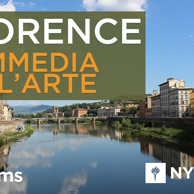 Location shot of Florence showing the river, architecture, and Ponte Vecchio.