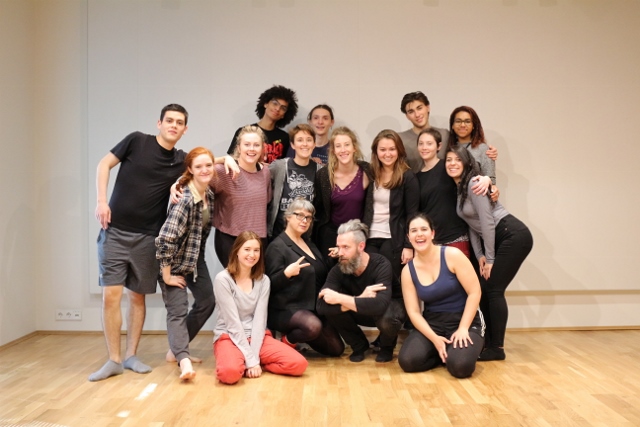 Group photo of the spring 2016 Stanislavski, Brecht, and Beyond Gob Squad Masterclass 