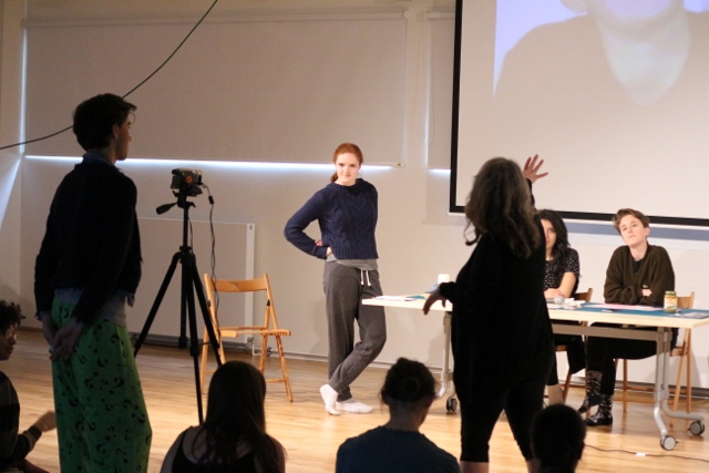 Students acting in front of a camera in the spring 2016 Gob Squad Masterclass