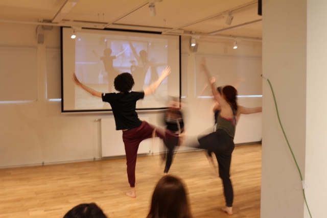 Students dancing in the spring 2016 Gob Squad Masterclass