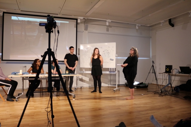 Students acting in front of a camera in the spring 2016 Gob Squad Masterclass