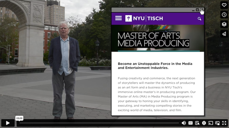 Still image of the MA in Media Producing course preview video that shows David K. Irving standing in Washington Square Park during the day with the Washington Square Park arch behind him. To the right, an image of the MA in Media Producing landing page. 