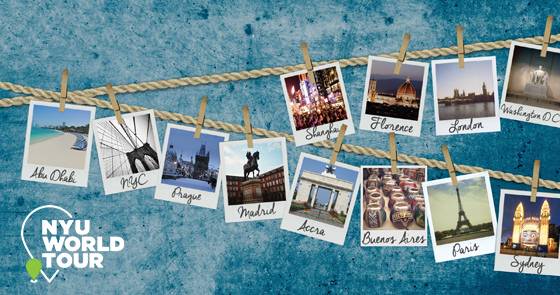 Image of individual pictures of NYU study abroad locations like Accra, Prague, and Sydney hanging from a clothesline.