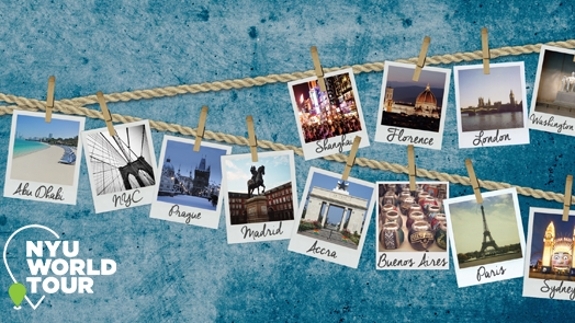 Image of individual pictures of NYU study abroad locations like Accra, Prague, and Sydney hanging from a clothesline.