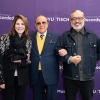 NYU President LInda Mills, Clive Davis, and Tisch Dean Rubén Polendo. 