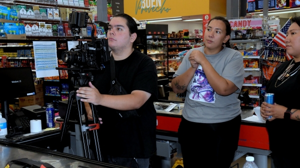 Filmmakers and crew prep a shot as part of the Santa Fe Filmmaking Workshop last July. Photo credit: L. Carfagno